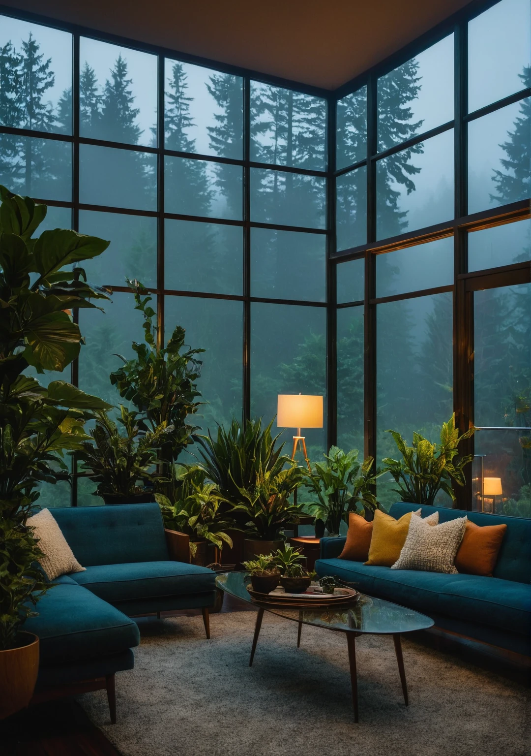 ((mid century modern living room)), dimly lit, (foggy rainy evening:1.2), pacific northwest, (dim lighting:1.2), (moody lighting:1.3), plants, large plants, many plants, (foggy windows:1.2), masterpiece, best quality, twilight hour, blue hour
