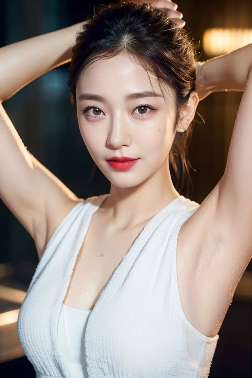 ((top-quality、8k、​masterpiece:1.3))、1girl in、Beautiful woman showing slender armpits:1.3、pony tail hairstyle、Bath towel wrapped around body、bathroom、Super detailed face、detailedeyes、double eyelid、hairarmpits、pulling the hands up、Armpit、Wet body、Real and Detailed Skin、Realistic and detailed armpits、Armpits glowing with lights、red lipsticks、smil、realisitic