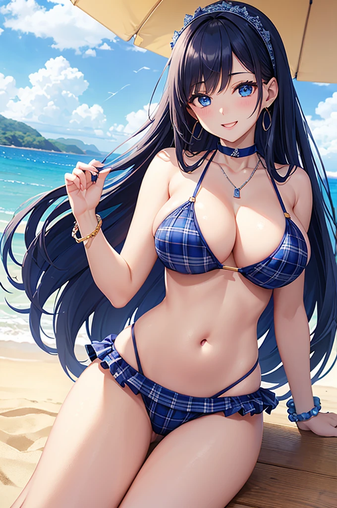 Highest quality、Highest quality、masterpiece、Beauty(Age 25)、(8K),Navy blue long hair、blue eyes、Sexy plaid bikini、Big cleavage、(Big Breasts),smile、blue necklace、Blue Earrings、background(Beach)、Please open your mouth wide、White headband、bracelet、Dynamic pose、Blue choker