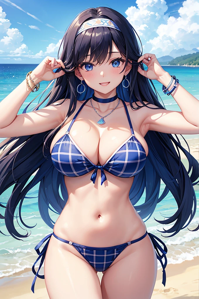 Highest quality、Highest quality、masterpiece、Beauty(Age 25)、(8K),Navy blue long hair、blue eyes、Sexy plaid bikini、Big cleavage、(Big Breasts),smile、blue necklace、Blue Earrings、background(Beach)、Please open your mouth wide、White headband、bracelet、Dynamic pose、Blue choker