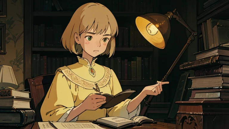 A girl, ensconced in a cozy corner on a rainy evening, sits surrounded by a jumble of books with an intensely profound study attitude. The soft yellow glow of the desk lamp illuminates her thoughtful expression, revealing her deep concentration and composed posture. Her inquisitive eyes dart back and forth between the pages, her nimble fingers turning them with subtle tilt, as she absorbs the old world wisdom contained within. The timeworn margins and sultry aura of the books add to the quiet night ambiance, creating a peaceful and tranquil countenance. This scholarly young woman, clad in plain attire, appears to be a seeker of knowledge and intellect,Width cat