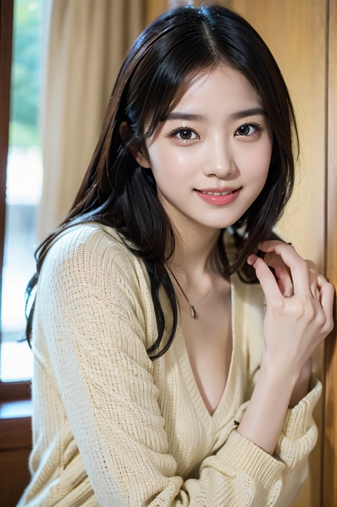 8K、High definition、Ultra Detail、Photorealistic、Realistic and accurate depiction、Realistic and accurate human anatomy、High resolution、Highest quality、Japanese Beauty、Best Quality,フォトリアリスティックHigh resolution,Cute Woman,Beautiful detailed eyes,Beautiful detailed lips,Smiling,Laughing,Cute,enjoy,Happy smile,Magical moments,looking at the camera、A slender body、Happy expression、Visible dimples、Random medium hairstyles、22 years old、Show the whole body、Neat and cute clothes
