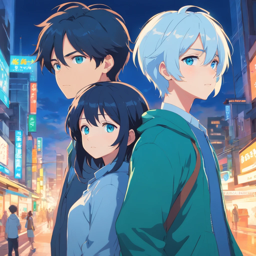 A girl with black hair and blue eyes and a boy with white hair, blue eyes and green eyes, wearing secondary clothes