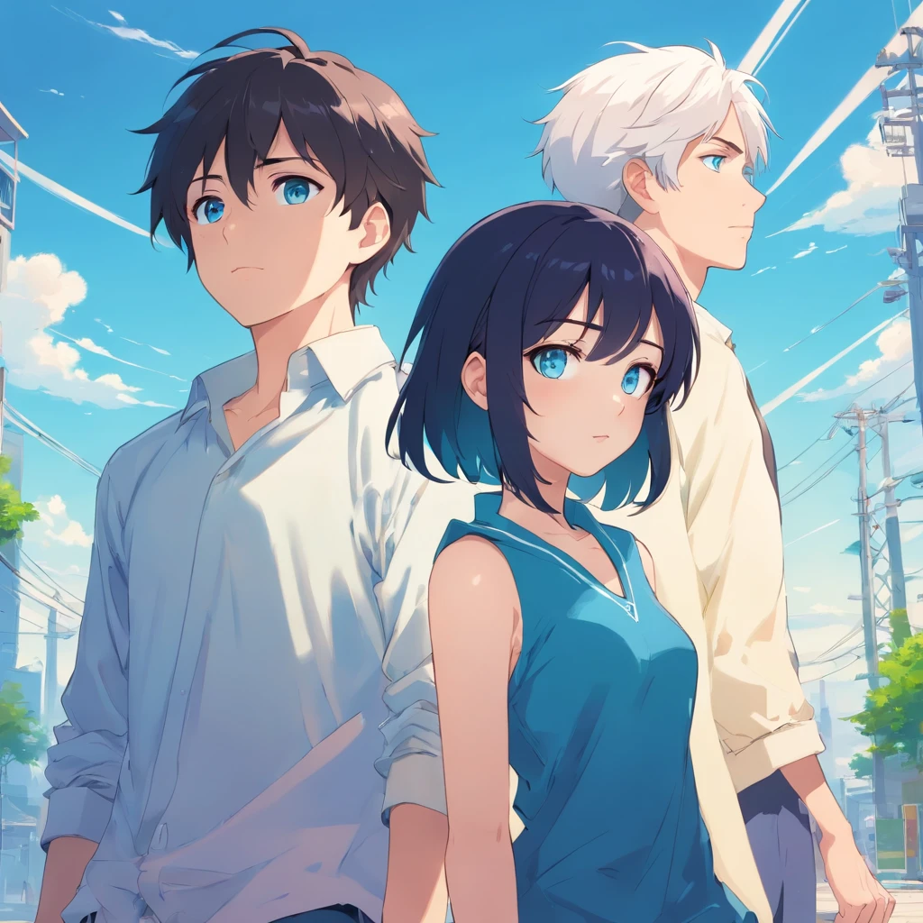 A girl with black hair and blue eyes and a boy with white hair, blue eyes and green eyes, wearing secondary clothes 