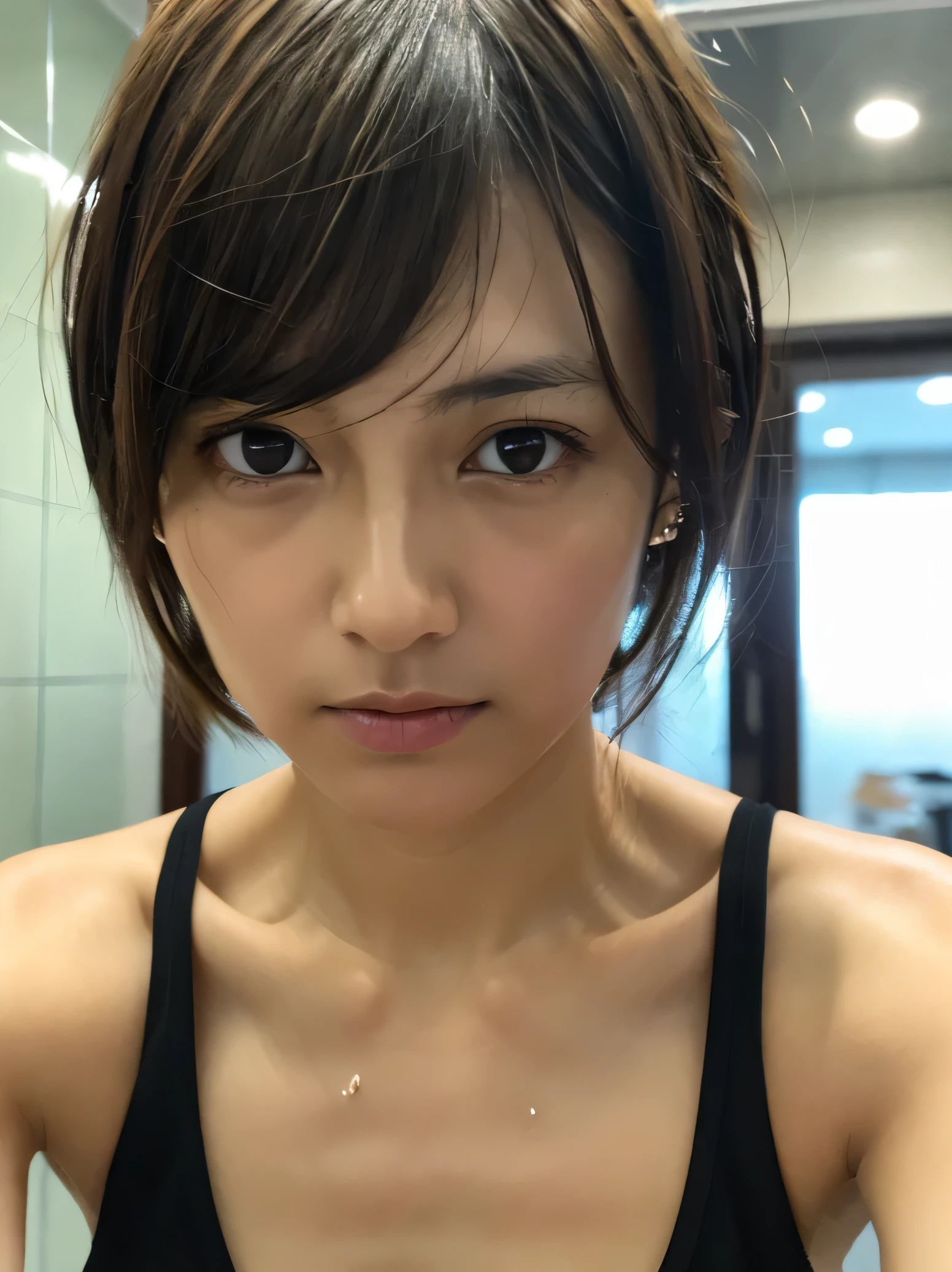 Look into the eyes,　Eye contact,　Front of face,　face,　Cross-legged,　indoor,　Brown Hair,　bangs,　Tank top,　Sweat,　clavicle,　shoulder,　Cross-legged,　chest,　Earrings,　Skin Moisture,　The gaze looking down on me,　Look at me,　bathroom