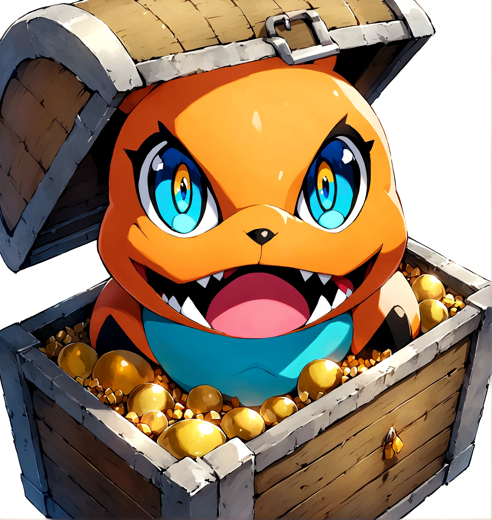 solo, open mouth, blue eyes, simple background, white background, pokemon \(creature\), treasure chest