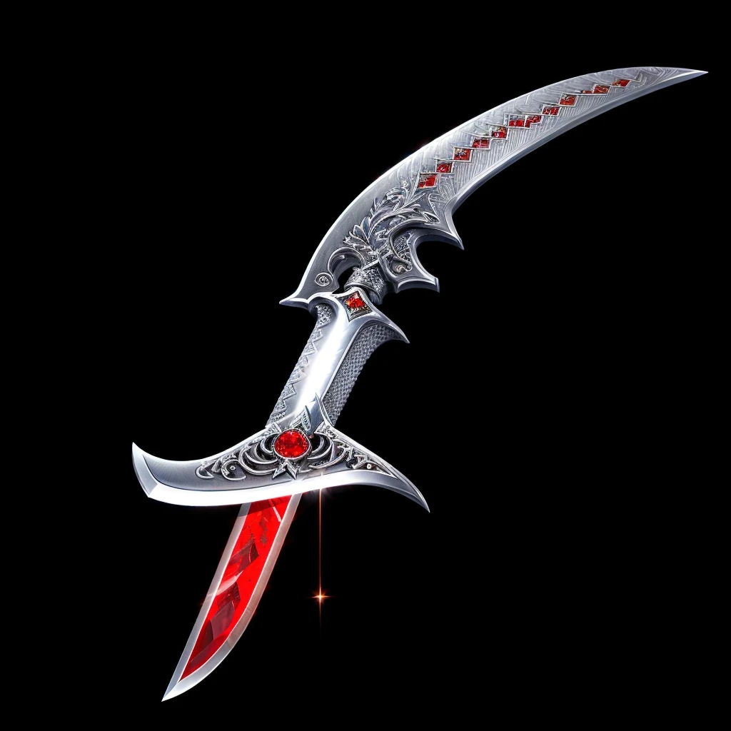 a close up of a knife with a red stone on it, arabian sword, fantasy sword, shinning sword, raytraced blade, gold sword, fantasy blade, sword design, silver sword, armored sword blade, fantasy weapon, golden sword, large sword, sword, fantasy sword of warrior, beautiful sword, shining sword, dagger, war blade weapon, jagged sword