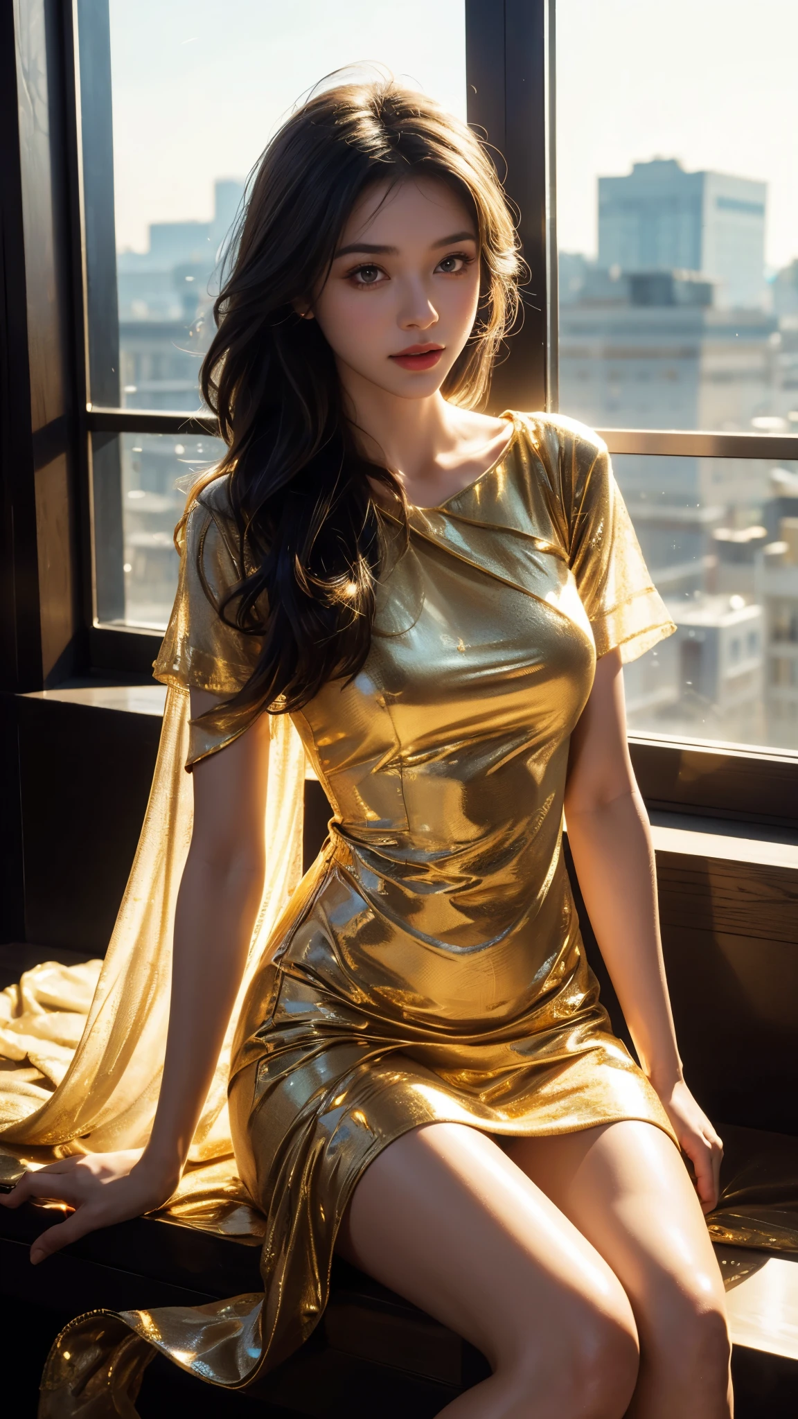 8K, UHD, MAsterpiece, best quality, 1 girl, (realistic face), happy pace, very long hair, small breasts, decorated dress, very beautiful ornaments dress, golden color, lace, mesh dress, sardine, loops, in the balcony, ipllers, depth of field, cinematic lighting, chromatic aberration, motion blur, glowing light, god rays, ray tracing, reflection light, backlighting, knee short,