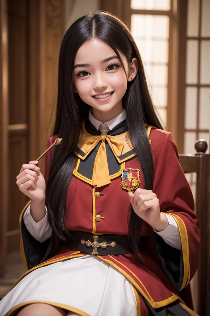 A girl with full hair and big middle teeth. wearing the Hogwarts Gryffindor uniform