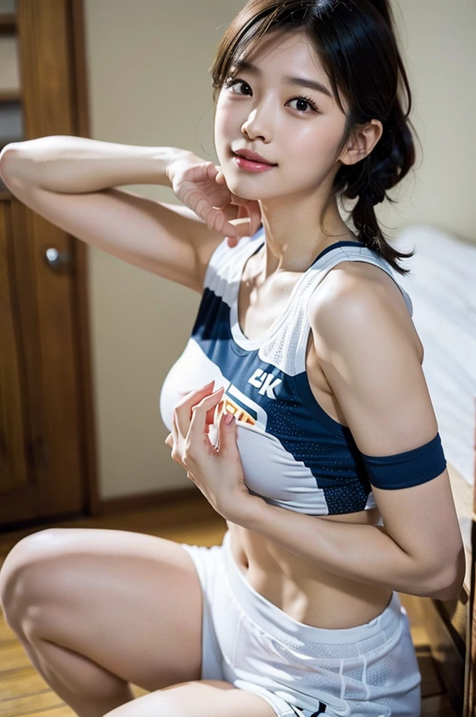 High resolution写真、8K、High definition、Ultra Detail、photoReal、High resolution、Realistic and accurate depiction、Realistic and accurate human anatomy、Highest quality、、photoReal、High resolution、Real、photo、pores、High quality、Japanese女子、distinct、Accuracy、Japanese、The ultimate beautiful girl、Perfect toned figure、Perfect Body Shape、whole body、cute、ノースリーブのVolleyball Uniforms、Sweaty skin、On the volleyball court、Volleyball Player、Sporty beauties、Short Ponytail、Volleyball match、、Slender volleyball player、Super Fit Volleyball Wear、Shorts、Lively beautiful girl、Volleyball Uniforms、Ministry activities、During the game、Shortcuts、Japanese女性、Boyish Girl、Short Hairstyles、 A refreshing smile、Black Hair