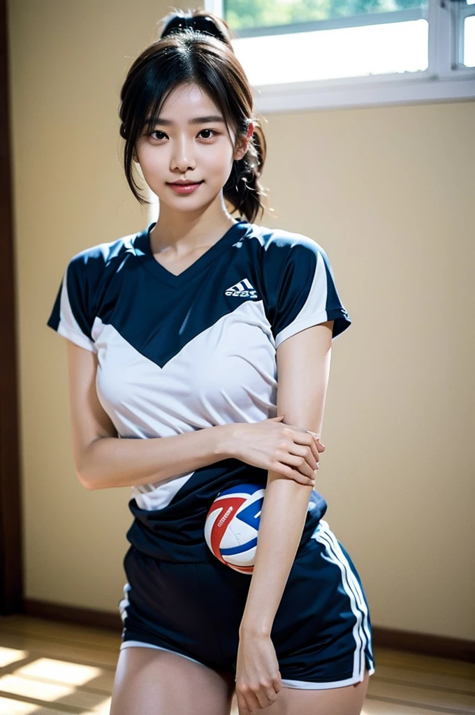 High resolution写真、8K、High definition、Ultra Detail、photoReal、High resolution、Realistic and accurate depiction、Realistic and accurate human anatomy、Highest quality、、photoReal、High resolution、Real、photo、pores、High quality、Japanese女子、distinct、Accuracy、Japanese、The ultimate beautiful girl、Perfect toned figure、Perfect Body Shape、whole body、cute、ノースリーブのVolleyball Uniforms、Sweaty skin、On the volleyball court、Volleyball Player、Sporty beauties、Short Ponytail、Volleyball match、、Slender volleyball player、Super Fit Volleyball Wear、Shorts、Lively beautiful girl、Volleyball Uniforms、Ministry activities、During the game、Shortcuts、Japanese女性、Boyish Girl、Short Hairstyles、 A refreshing smile、Black Hair