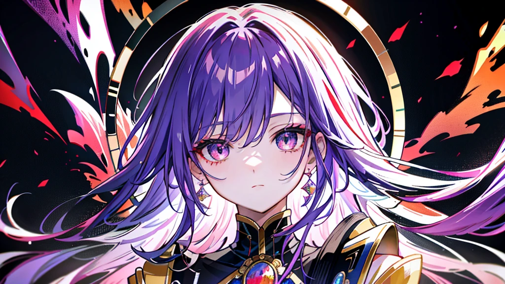 masterpiece, Highest quality, 8K,Pitch black background,(masterpiece,Side slits,Beautiful Eyes:1.2),(masterpiece*Sports Late),Sports Late,bust,(bust),real,Anatomically correct, Face,Shiny skin,(alone),Purple hair and dyed pickaxe,Gradient Hair,(Face close-up),Nice face,(Scarlet eyes like fire opals),Drooping eye corners,((Skin with attention to detail,Pores are visible)),(Perfect body),beautiful girl,Small breasts,((woman'Super Short Shawl Leather Jacket)),((School_uniform)),(Neck Ring),Very short gloves,(rock),(Laser material clothing:1.2),Blue Neon,night, Shining Eyes, Black light