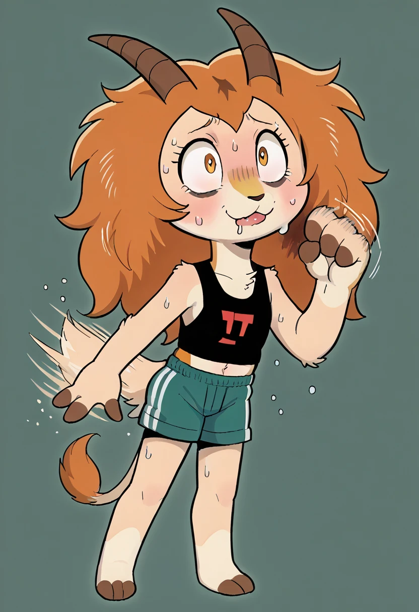 (tezuka osamu style) , furry Gazelle girl and Lion , round face , (tilt face:1.2) , moist eyes , (Swollen cheeks:1.2) , glossy lips , flat chest , Lower back swelling , tight fit gym wear , harf gym shorts , barefoot , Sprinting in the marathon , (motion blur) , (sweat stain:1.3) , Chased by Drooling carnivores , Carnivore right behind