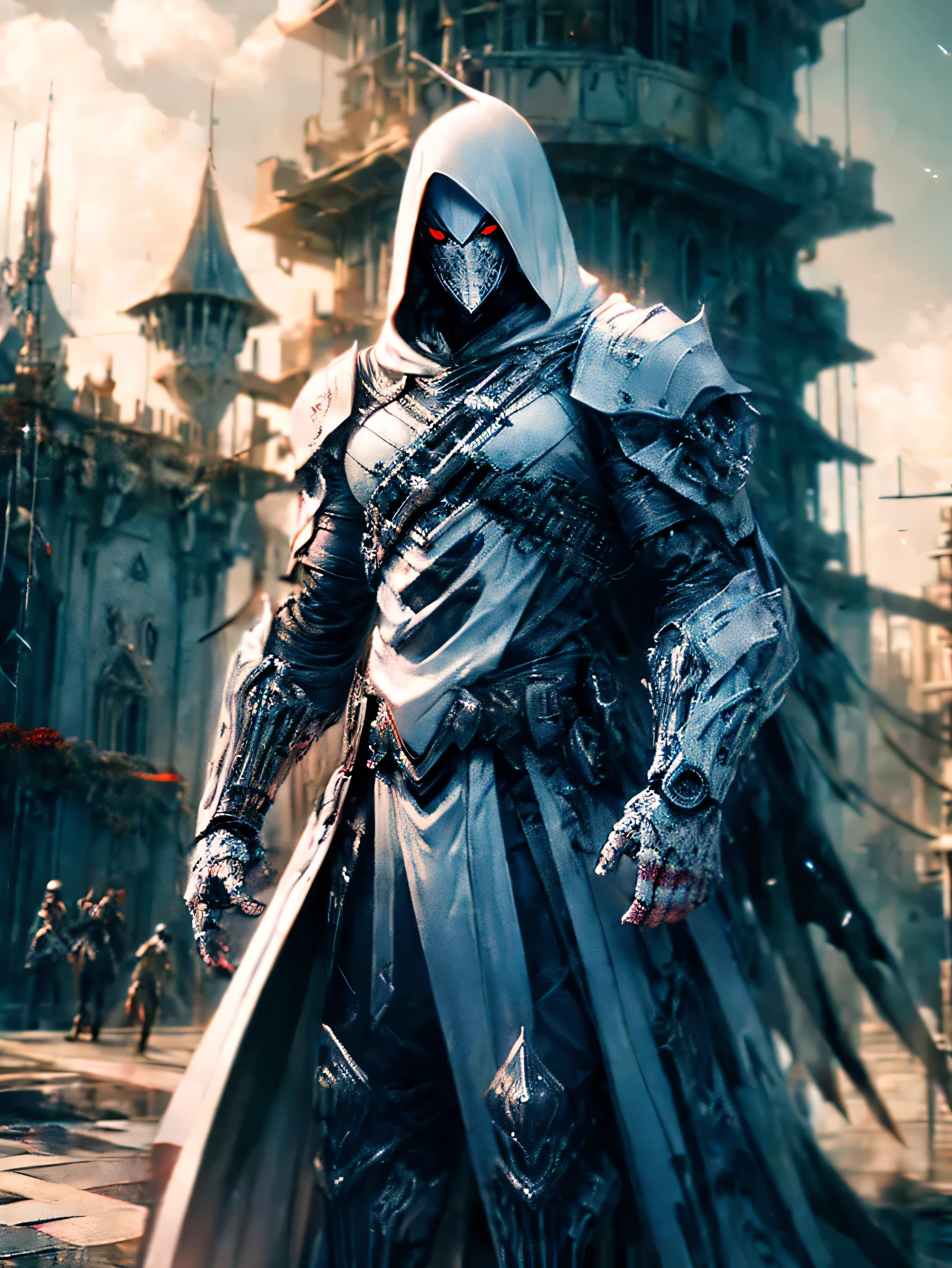 a white and black hooded assassin cyborg, detailed face with red eyes, intricate cybernetic body parts, standing in front of a castle, cinematic lighting, full body shot, wide angle, highly detailed, photorealistic, 8k, hyper detailed, dramatic lighting