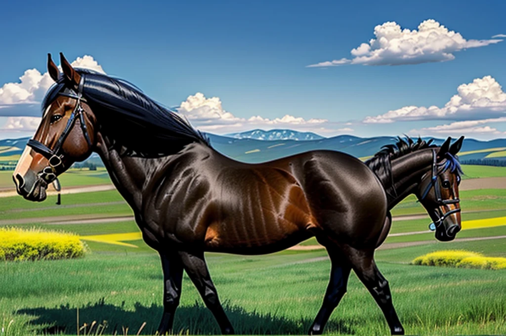full figured very dark skinned African woman riding a big Belgian draft horse mare (side view). big bum. very short tail. horse facing horizon . flat grass meadow. steaming horse dung behind horse. cloudless blue sky.