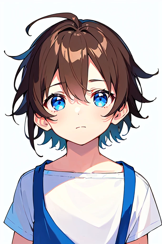 [(WHITE BACKGROUND:1.5),::5], (((masterpiece))), high quality, very_high_resolution, large_filesize, full color, Solo, (1 ), 13 old year, (men's short brown hair), vivid color, Blue eye, summer clothes, upper body, anime style