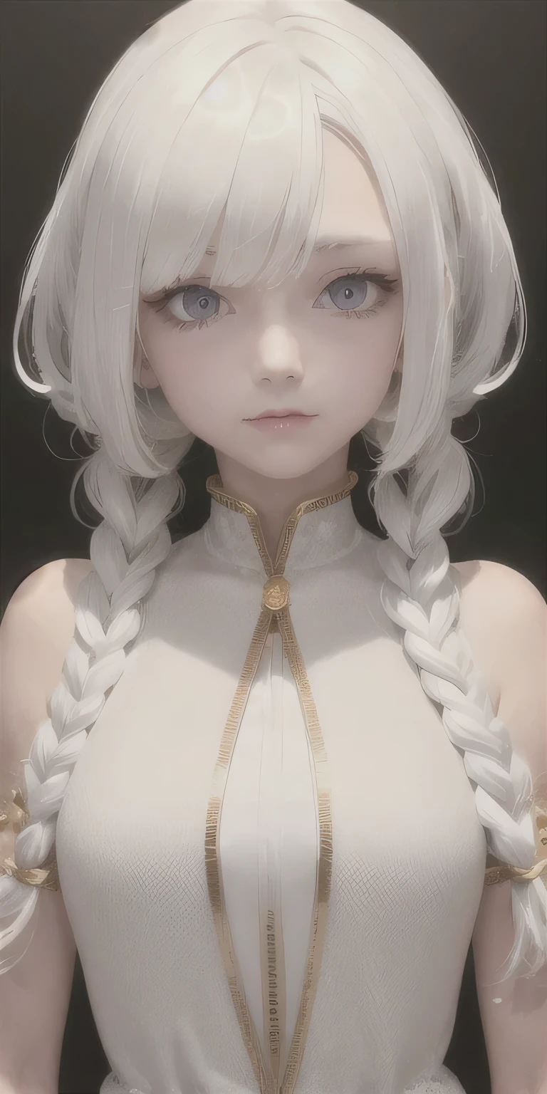 best quality, masterpiece,White hair, Golden Eyes,White clothes, look up,Positive face， Upper Body,Hair,White skin,Side Braid