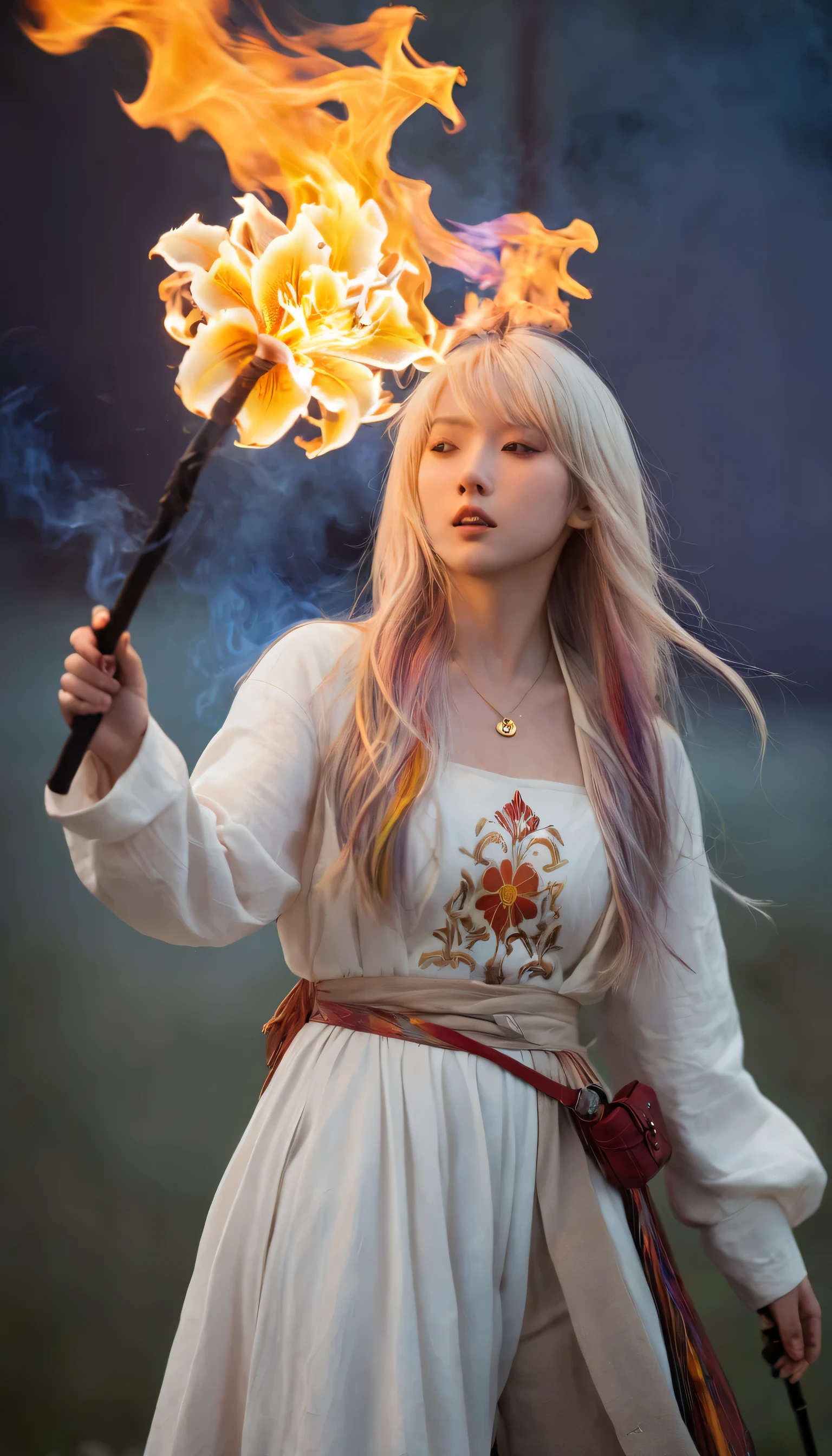 1girl, bangs, breathing fire, burning, burnt clothes, embers, ahoge, beige hair, multicolored hair, fire, flame, flaming sword, (hand on hilt), standing, long hair, pyrokinesis, expressionless, smoke, flower(symbol), solo, sparks, sunset, twilight, white flower, molten rock, lily (flower), fiery flower, depth of field, burning ,