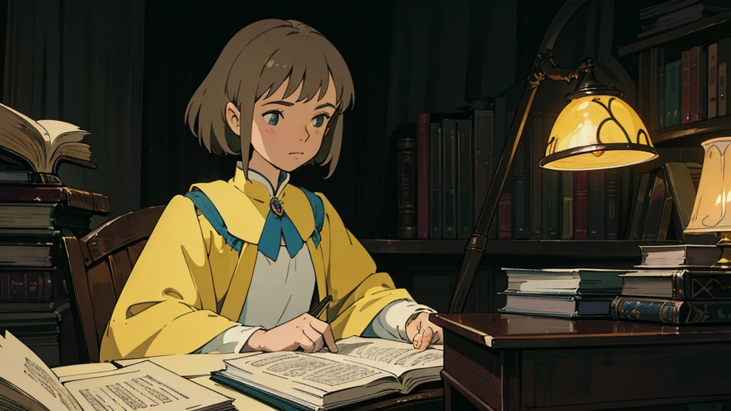 A girl, ensconced in a cozy corner on a rainy evening, sits surrounded by a jumble of books with an intensely profound study attitude. The soft yellow glow of the desk lamp illuminates her thoughtful expression, revealing her deep concentration and composed posture. Her inquisitive eyes dart back and forth between the pages, her nimble fingers turning them with subtle tilt, as she absorbs the old world wisdom contained within. The timeworn margins and sultry aura of the books add to the quiet night ambiance, creating a peaceful and tranquil countenance. This scholarly young woman, clad in plain attire, appears to be a seeker of knowledge and intellect,Width cat