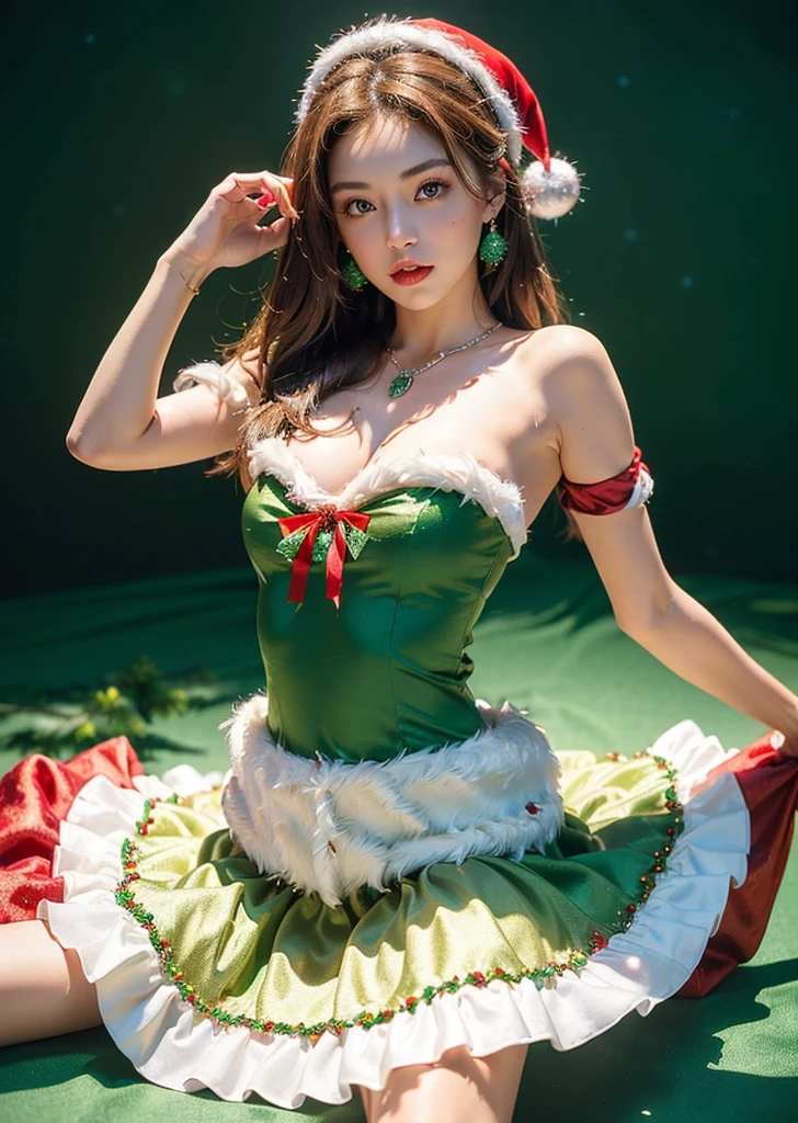 Very fine eye), (((Fabric Shading))), (((Highest quality))), (((Tabletop))), (((Ultra-high-definition CG))), Saucy girl, (small), (Small breasts), Light brown hair, (((Christmas Dresses, red and white and green Christmas Dresseses, 2000 Christmas costumes))), ((Strike a Pose)), (((Game CG)) (nice, Saucy, It Girl), Fine Jewelry, Bright Sky, It's snowing outside the house, Christmas atmosphere, it's snowing, snowman, Snow jade, lights christmas, Christmas tree, 強いChristmas atmosphere, Cowboy Shot, Mid Shot, Centered Images, Look into the camera, Dawn