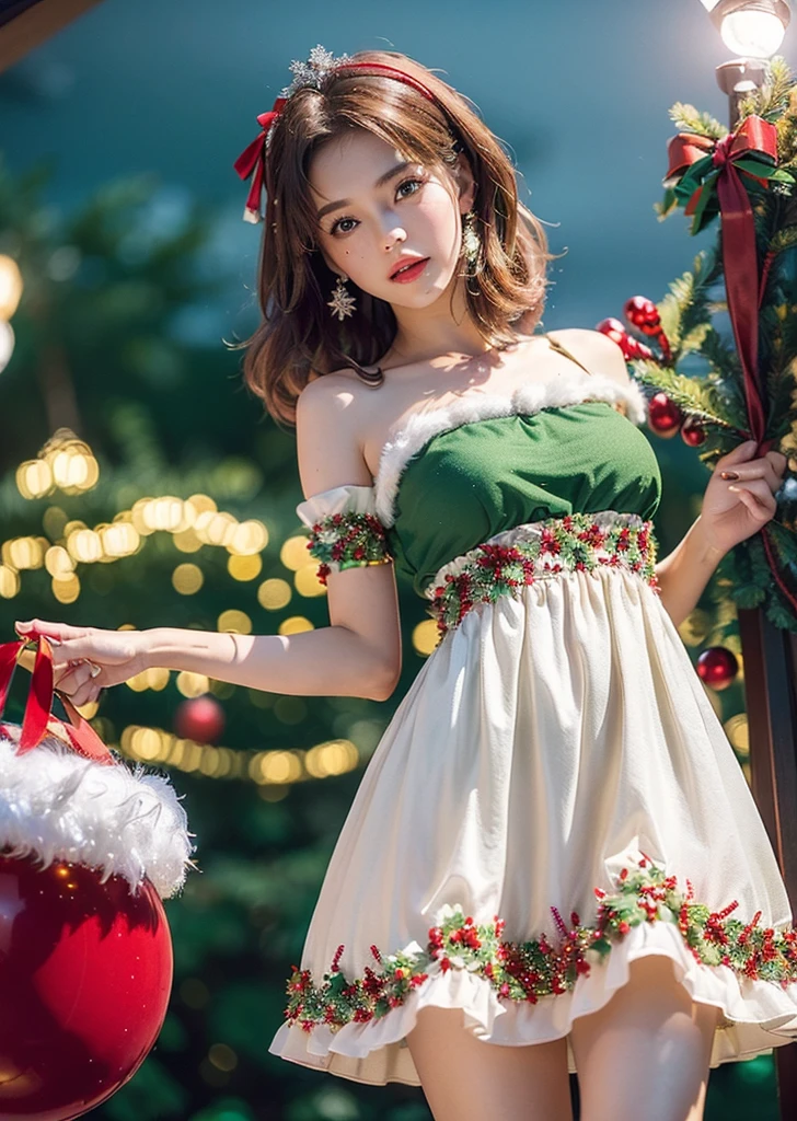 Very fine eye), (((Fabric Shading))), (((Highest quality))), (((Tabletop))), (((Ultra-high-definition CG))), Saucy girl, (small), (Small breasts), Light brown hair, (((Christmas Dresses, red and white and green Christmas Dresseses, 2000 Christmas costumes))), ((Strike a Pose)), (((Game CG)) (nice, Saucy, It Girl), Fine Jewelry, Bright Sky, It's snowing outside the house, Christmas atmosphere, it's snowing, snowman, Snow jade, lights christmas, Christmas tree, 強いChristmas atmosphere, Cowboy Shot, Mid Shot, Centered Images, Look into the camera, Dawn