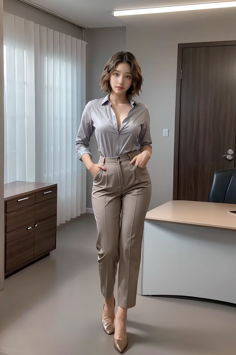 photo of (Man), RAW, man of average beauty, (short hair, gray brown, straight/wavy), in office, leaning against desk, social clothing, unbuttoned shirt, (full body :1.3), (masterpiece) (perfect aspect ratio)(realistic photo)(best quality) (detailed) (8k) (HDR) (wallpaper) (cinematic lighting) (sharp focus) (intricate)   ,1 girl, solo,