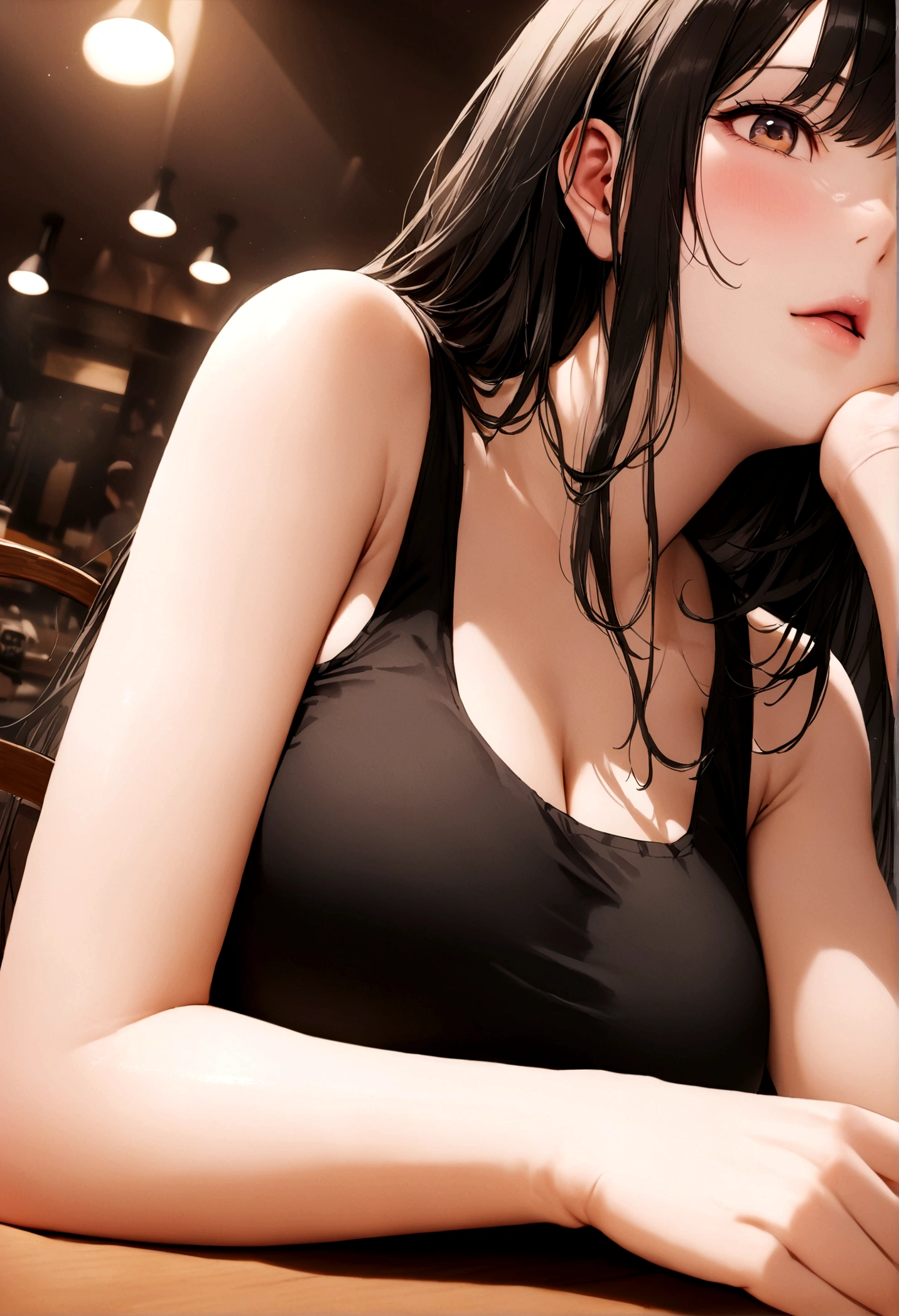 (8K, Ultra-high resolution, best quality, On the table:1.2),(18 years old:1.2)、(Dishonest laughter)、(Look away)、8K、RAW portrait of a Japanese girl、Photorealistic、Ultra-high resolution、Top quality、 (Large breasts, cleveage:1.2),(tank top and no :1.3)、(From below:1.2)、sit on the chair、Cross your arms、(panchira:1.2)、(upscale cafe:1.4) rest (Natural skin texture、Delicate skin、Surrealism、Super sharp)、Intricate details、Depth of Field、Dim Lights、Korean Idol、Nogizaka Idol、Posing gravure idol、actor、Fashion Model Poses、High target