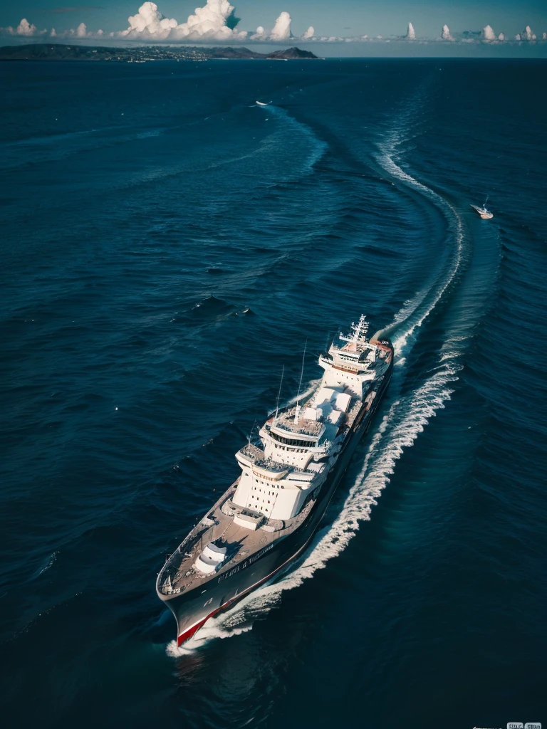 A ship on the open sea、A little further ahead is a strange island、There is a demon living on the island,RAW Photos,Very high resolution、Realistic photos