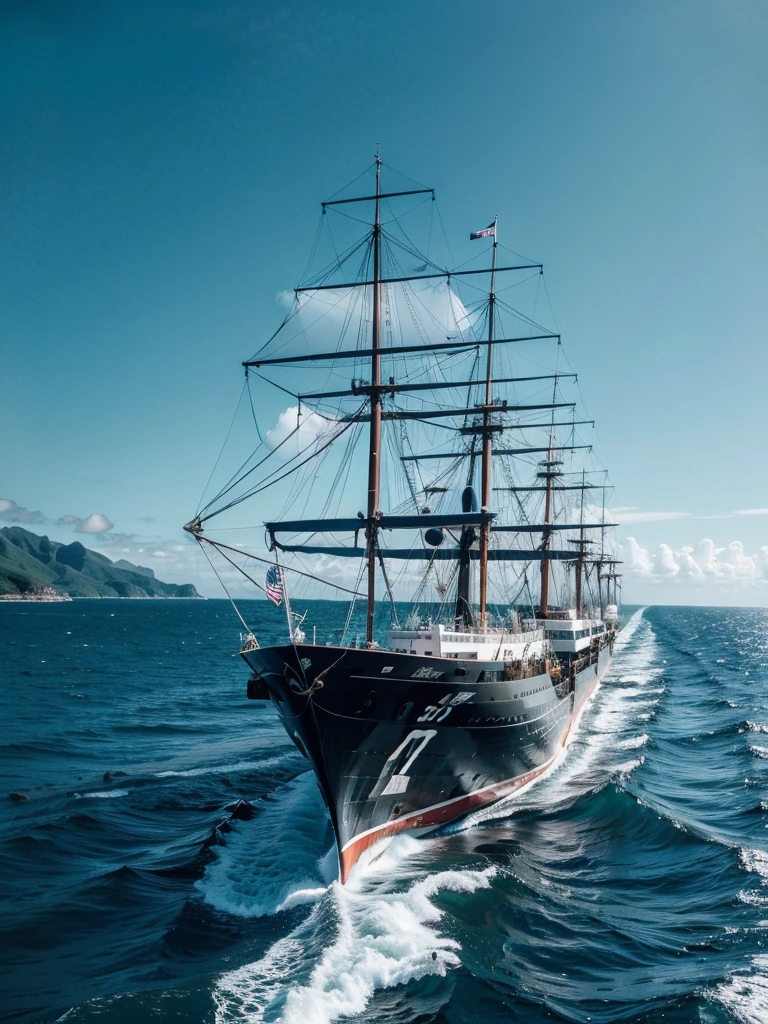 A ship on the open sea、A little further ahead is a strange island、There is a demon living on the island,RAW Photos,Very high resolution、Realistic photos