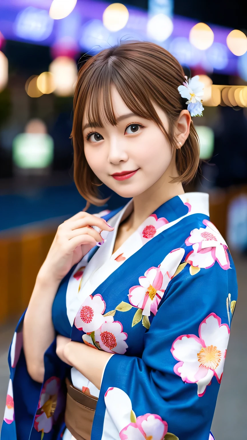Perfect lighting, high quality, Tabletop, Portraiture, One Girl, Japanese girl, Blue yukata, Big Breasts, Cleavage, Brown eyes, Light brown hair, Light Smile, Break Festival, Floral, Komono, lanthanum, Red lips,short hair, Long sleeve, Dynamic pose, Motion Blur, heart, Outdoor rest, paper lanthanums, Realistic, alone, Summer festival,