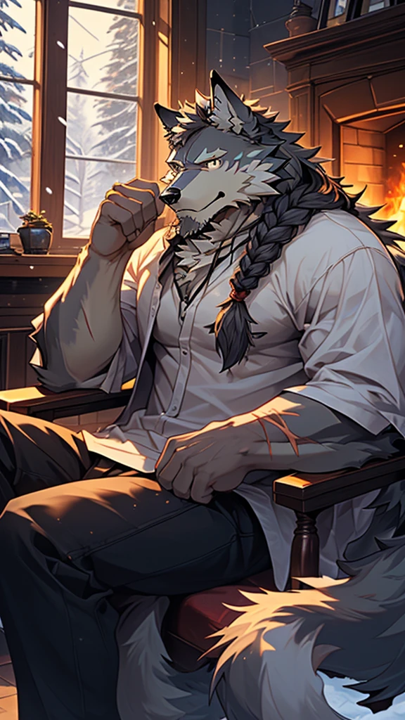 (masterpiece), (photorealistic:1.4), (1boy), (detailed face:1.2), (wolf male:1.5), (old：1.9）, (aged), (retired), (muscular build), (gray fur:1.3), (long white beard), (long white braided hair), (loose shirt), (sitting), (resting), (calm expression), (peaceful eyes), (many scars), (scar on face), (scar on body), (indoors),  (cold northern region), (room), (fireplace), (fire), (window), (snow outside), (winter), (night), (dim lighting), (cinematic lighting)