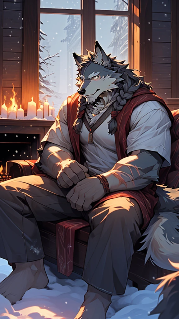 (masterpiece), (photorealistic:1.4), (1boy), (detailed face:1.2), (wolf male:1.5), (old：1.9）, (aged), (retired), (muscular build), (gray fur:1.3), (long white beard), (long white braided hair), (loose shirt), (sitting), (resting), (calm expression), (peaceful eyes), (many scars), (scar on face), (scar on body), (indoors),  (cold northern region), (room), (fireplace), (fire), (window), (snow outside), (winter), (night), (dim lighting), (cinematic lighting)