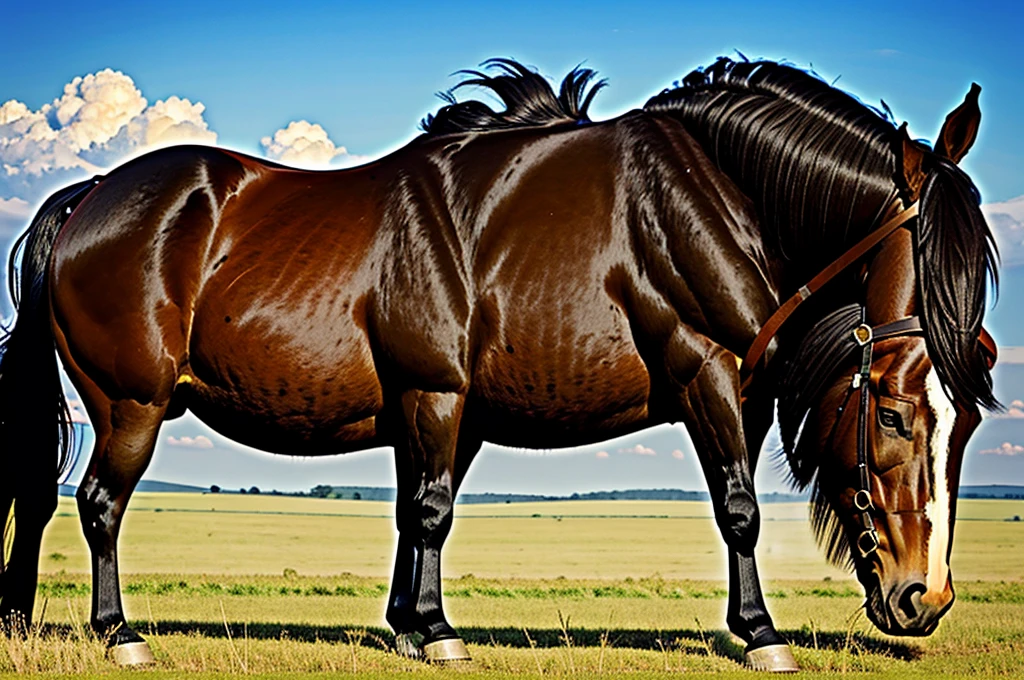 full figured very dark skinned African woman riding a big Belgian draft horse mare (side view). big bum. very short tail. horse facing horizon . flat grass meadow. steaming horse dung behind horse. cloudless blue sky.