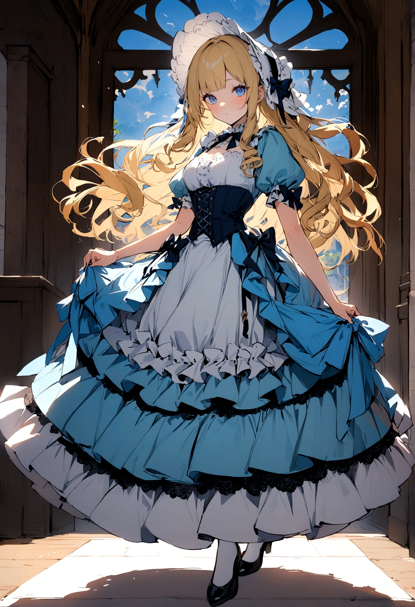 Curls,blonde hair,blue eyes,long eyelashes,victorian big puffy ballgown,short puffy sleeves,frilly,long hair,fringe bangs,side curls,fullbody,standing,masterpiece,puffy skirt,highres,big puffy light blue ballgown,bows on the skirt,short white puffy sleeves,fullbody,ballgown+,looking at viewer+,blonde hair,layered dress,lace-trimmed dress,bodice,highres,1girl,masterpiece
highres,bonnet,light blue dress,