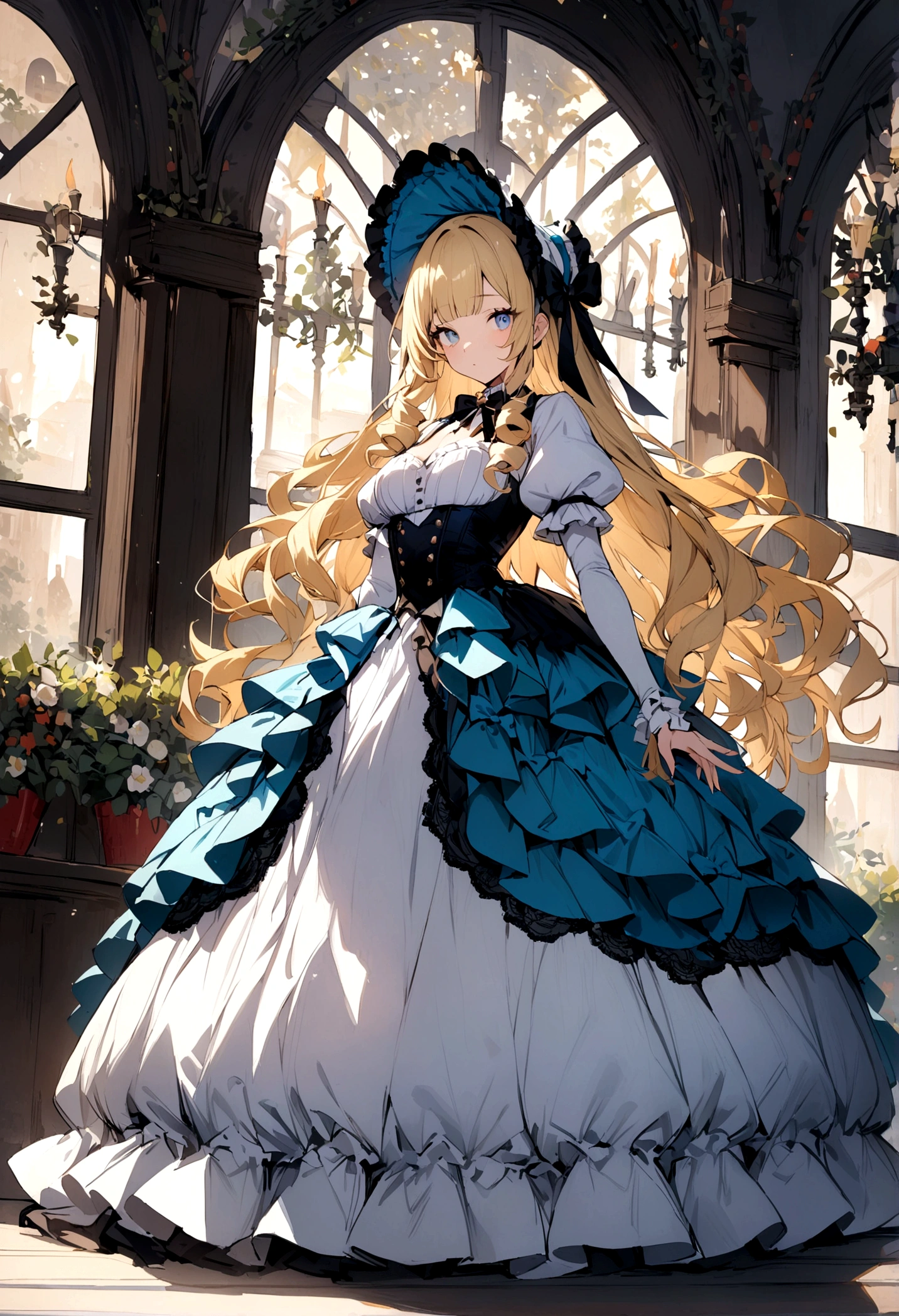 Curls,blonde hair,blue eyes,long eyelashes,victorian big puffy ballgown,short puffy sleeves,frilly,long hair,fringe bangs,side curls,fullbody,standing,masterpiece,puffy skirt,highres,big puffy light blue ballgown,bows on the skirt,short white puffy sleeves,fullbody,ballgown+,looking at viewer+,blonde hair,layered dress,lace-trimmed dress,bodice,highres,1girl,masterpiece
highres,bonnet,light blue dress,