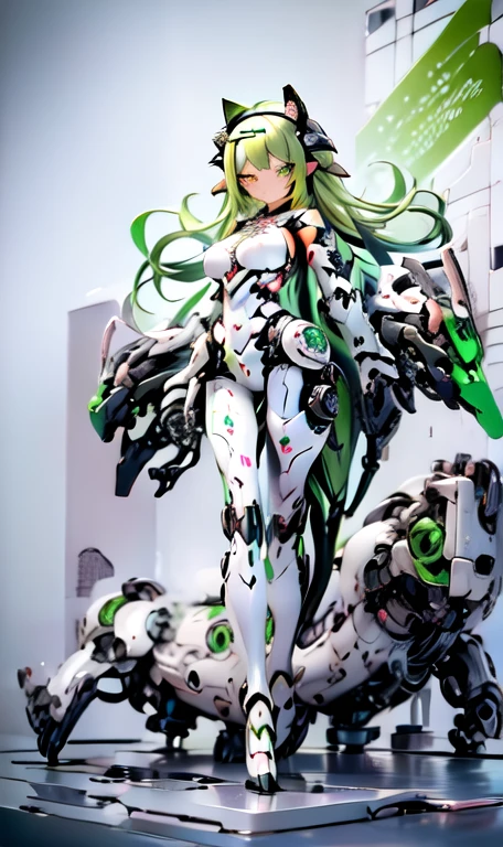 anime figure, figma,(detailed eyes))
1girl,((cat ears)),cat tail, ((long straight green hair:1.3)),big expressive neon green eyes,,expressive eyes,(((smile,blush wink))),(((full body:1.4))), ((mechanical full body suite, mecha)), feather robot wings,black kitten, cute, dynamic flirty pose, missiles on arms and shoulders, partial metal mask,standing on one leg looking at viewer ,shoulder trun to the viewer,black kitten sitting next to her, cute,flirty pose,AD ,decales,web AD
solo:1.5
