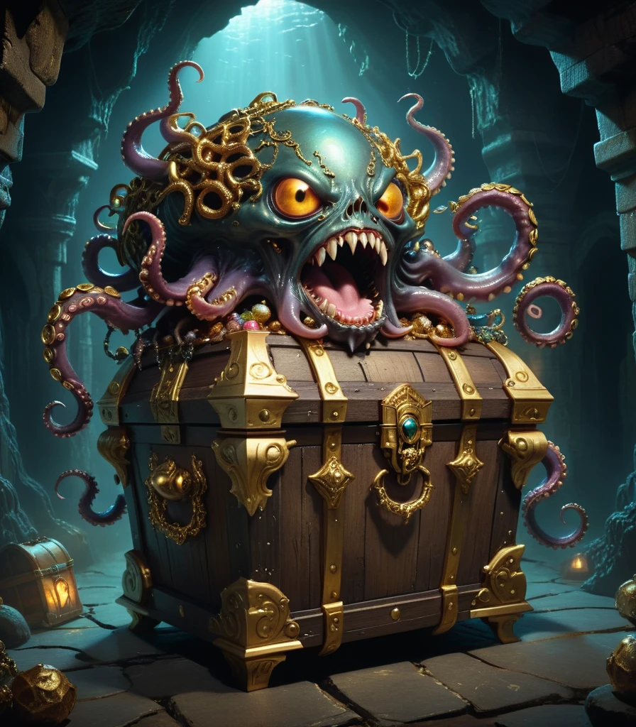 Dungeons，Floating in the air(Monster disguised as a treasure chest), Filled with jewels，1 eyes，One-Eye，Tongue，Tentacles， sharp claws and teeth, Very detailed, Complex design, Gorgeous gold embellishment, ,Ominous Presence, fantasy, Dark gloomy lights, Composition, Dramatic shadows, Rich colors, number, Concept Art, The award-winning，Luminescence example，Ray Tracing，Devout worshippers，