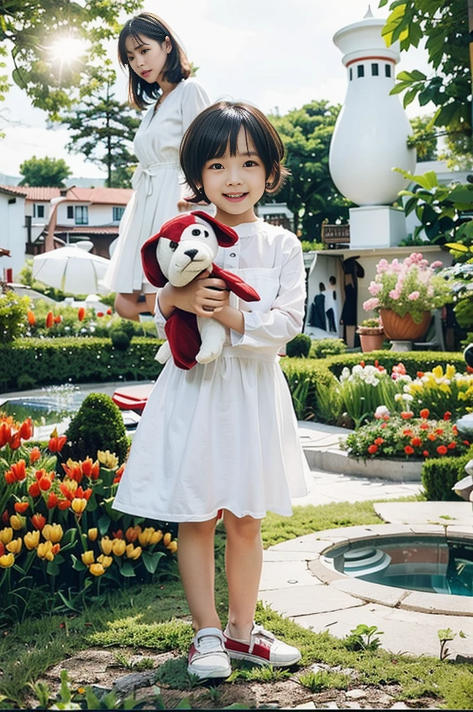 Highly realistic photo, ((masterpiece), (best quality), (raw photo), (photorealistic:1.4), Photo of a 6-year-old girl, short hair, wearing a white dress, holding a red stuffed dog, ((real hands)), photo taken in a tulip Vietnam garden, ((standing on the grass)), photo taken by Sony A7IV
