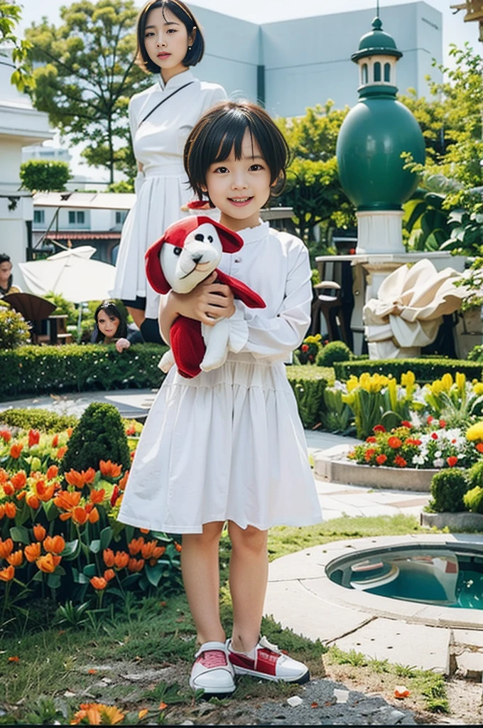 Highly realistic photo, ((masterpiece), (best quality), (raw photo), (photorealistic:1.4), Photo of a 6--old l, short hair, wearing a white dress, holding a red stuffed dog, ((real hands)), photo taken in a tulip Vietnam garden, ((standing on the grass)), photo taken by Sony A7IV
