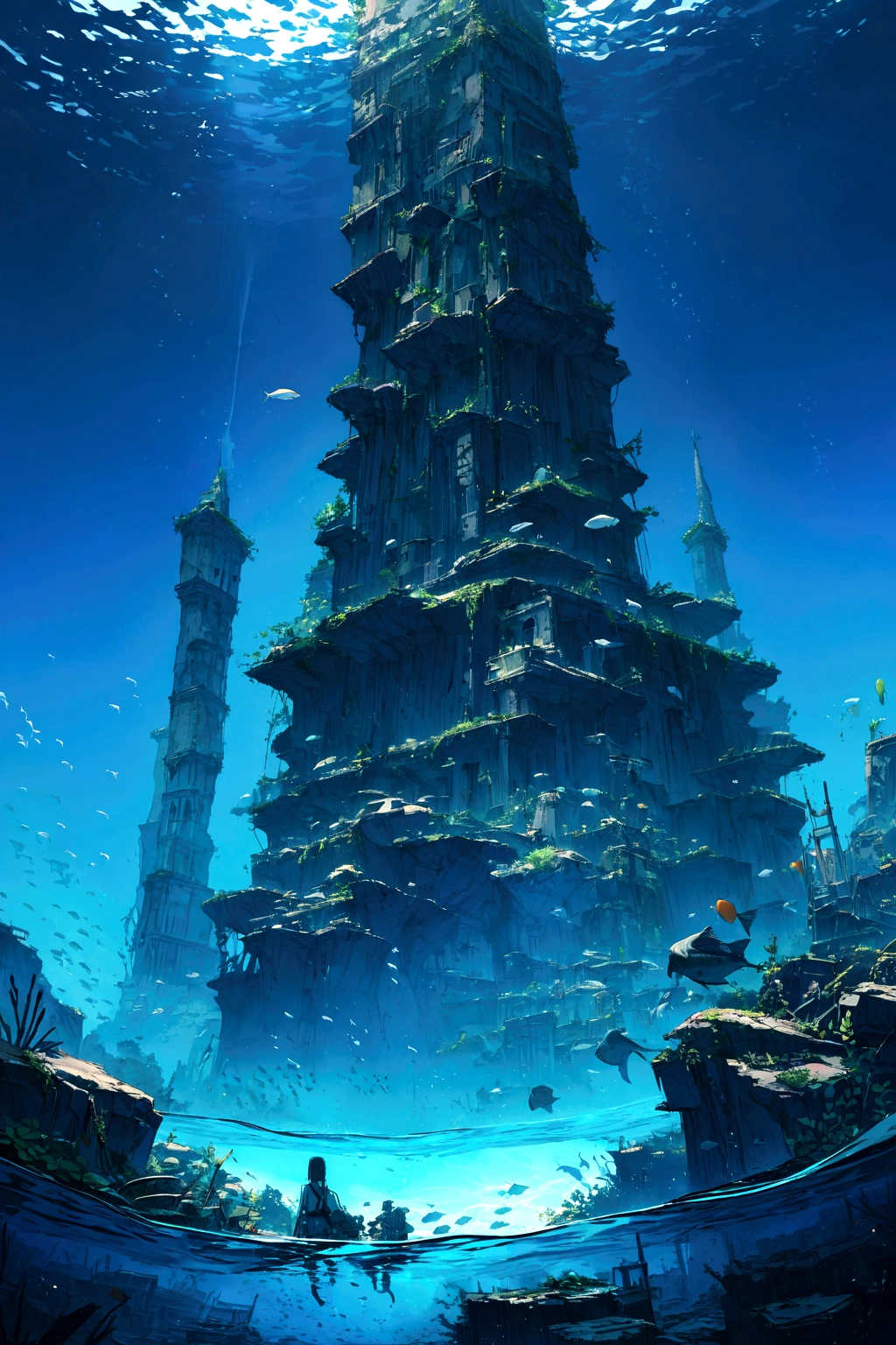 Submerged ruins of a tall tower, The world after civilization and humanity have disappeared, Blue sky seen from underwater, Deep Underwater, Uninhabited World, Nobody is here, Beautiful Blue, High resolution, masterpiece, fine, 8K