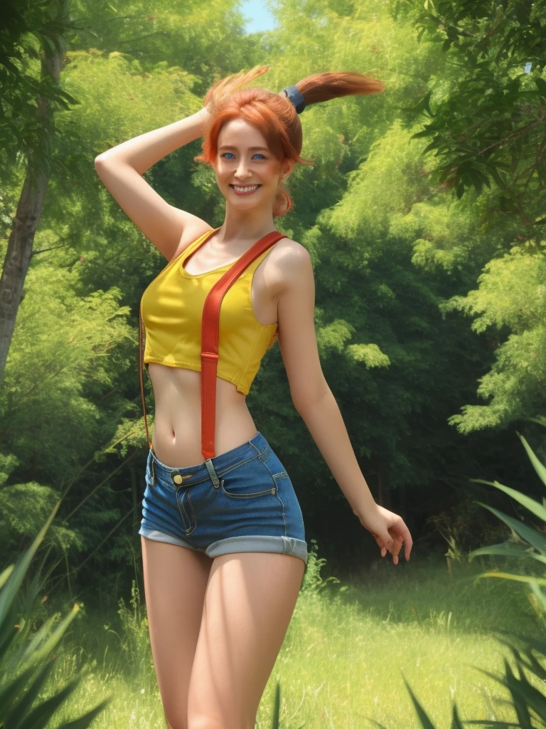 [Misty_(Pokemon)], [Uploaded to rule34.xxx; (kingmaster), (shosho_oekaki), (nekololisama)], ((masterpiece)), ((HD)), ((detailed shading)), ((1girl)), ((solo portrait)), ((cowboy shot)), ((front view)), ((cute sexy girl)), {(athletic figure), (short orange hair), (side polytail), (cute blue eyes), (gorgeous hips), bust G cup, busty, (beautiful lips), (beautiful legs), (defined legs), (cute smile)}, {(yellow tank top), (midriff), (blue denim short shorts), (red suspenders)}, {(standing), (arms above head), (looking ahead)}, [background; (grass plains), (lake), (trees), (blue sky), (sun rays)]