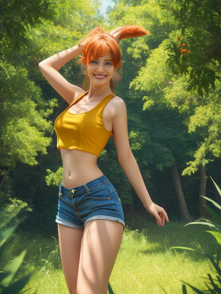 [Misty_(Pokemon)], [Uploaded to rule34.xxx; (kingmaster), (shosho_oekaki), (nekololisama)], ((masterpiece)), ((HD)), ((detailed shading)), ((1girl)), ((solo portrait)), ((cowboy shot)), ((front view)), ((cute sexy girl)), {(athletic figure), (short orange hair), (side polytail), (cute blue eyes), (gorgeous hips), bust G cup, busty, (beautiful lips), (beautiful legs), (defined legs), (cute smile)}, {(yellow tank top), (midriff), (blue denim short shorts), (red suspenders)}, {(standing), (arms above head), (looking ahead)}, [background; (grass plains), (lake), (trees), (blue sky), (sun rays)]