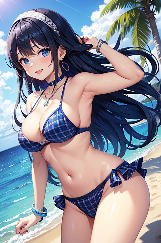 Highest quality、Highest quality、masterpiece、Beauty(Age 25)、(8K),Navy blue long hair、blue eyes、Sexy plaid bikini、Big cleavage、(Big Breasts),smile、blue necklace、Blue Earrings、background(Beach)、Please open your mouth wide、White headband、bracelet、Dynamic pose、Blue choker