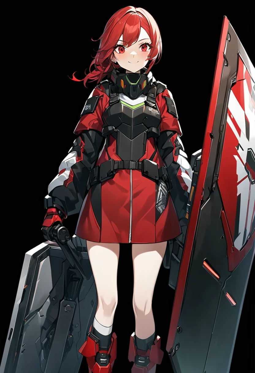 Anime-style woman in black and red outfit holding large shield, Cyberpunk Anime Girl Mecha, Wearing technical clothing, Amazing anime 8k, From Girls Frontline, Mechanized Soldier Girl, Special Assault Team, special forces, M4 Sopmod II Girls Frontline, Official character art, Kashert Kenz, Kshat Garland, ((short length red hair)), innocent, cute, smiling, ((black background)), ((simple background)), ((holding super large shield)), ((Shield as tall as the owner's height)), ((small chest)), ((black long botoms)), , ((Kindness)), ((gentleness)), shy