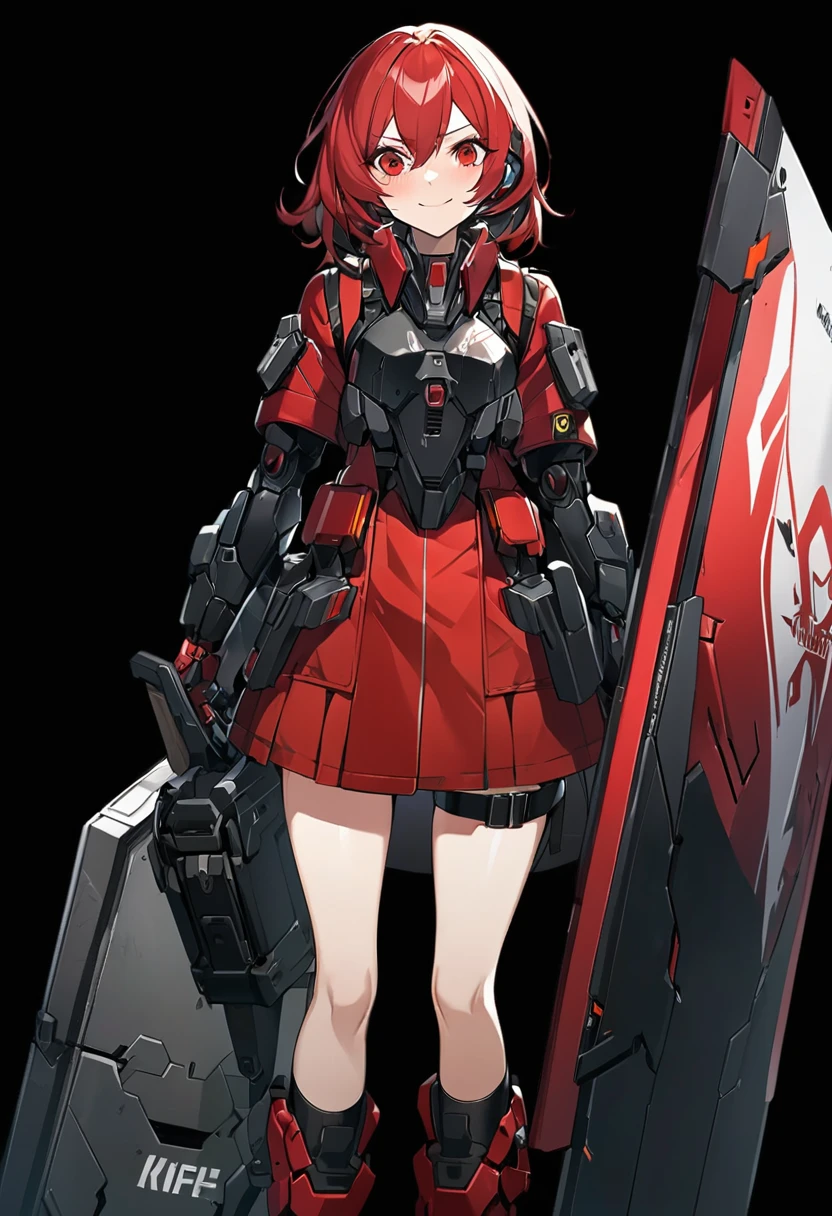 Anime-style woman in black and red outfit holding large shield, Cyberpunk Anime Girl Mecha, Wearing technical clothing, Amazing anime 8k, From Girls Frontline, Mechanized Soldier Girl, Special Assault Team, special forces, M4 Sopmod II Girls Frontline, Official character art, Kashert Kenz, Kshat Garland, ((short length red hair)), innocent, cute, smiling, ((black background)), ((simple background)), ((holding super large shield)), ((Shield as tall as the owner's height)), ((small chest)), ((black long botoms)), , ((Kindness)), ((gentleness)), shy