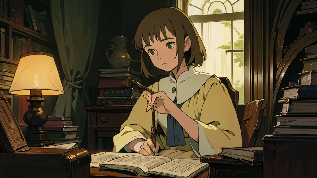 A girl, ensconced in a cozy corner on a rainy evening, sits surrounded by a jumble of books with an intensely profound study attitude. The soft yellow glow of the desk lamp illuminates her thoughtful expression, revealing her deep concentration and composed posture. Her inquisitive eyes dart back and forth between the pages, her nimble fingers turning them with subtle tilt, as she absorbs the old world wisdom contained within. The timeworn margins and sultry aura of the books add to the quiet night ambiance, creating a peaceful and tranquil countenance. This scholarly young woman, clad in plain attire, appears to be a seeker of knowledge and intellect,Width cat