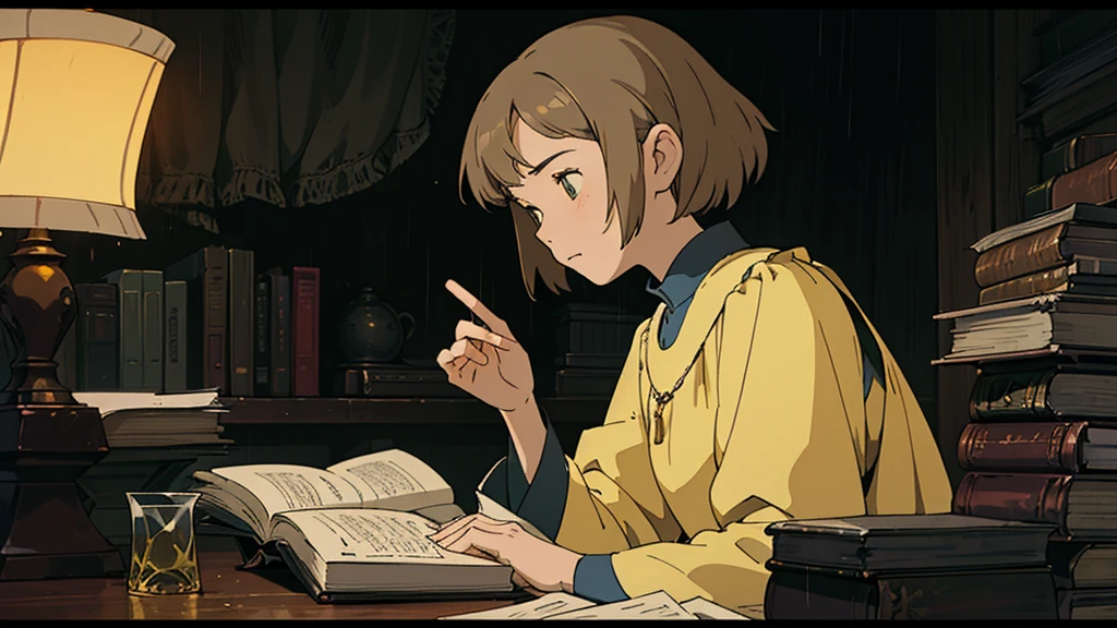 A girl, ensconced in a cozy corner on a rainy evening, sits surrounded by a jumble of books with an intensely profound study attitude. The soft yellow glow of the desk lamp illuminates her thoughtful expression, revealing her deep concentration and composed posture. Her inquisitive eyes dart back and forth between the pages, her nimble fingers turning them with subtle tilt, as she absorbs the old world wisdom contained within. The timeworn margins and sultry aura of the books add to the quiet night ambiance, creating a peaceful and tranquil countenance. This scholarly young woman, clad in plain attire, appears to be a seeker of knowledge and intellect,Width cat