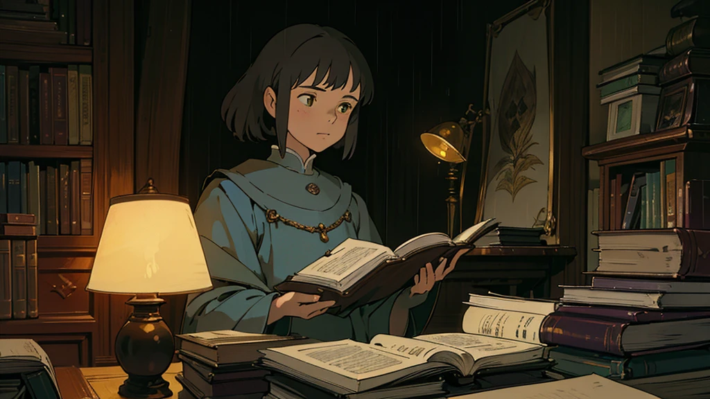 A girl, ensconced in a cozy corner on a rainy evening, sits surrounded by a jumble of books with an intensely profound study attitude. The soft yellow glow of the desk lamp illuminates her thoughtful expression, revealing her deep concentration and composed posture. Her inquisitive eyes dart back and forth between the pages, her nimble fingers turning them with subtle tilt, as she absorbs the old world wisdom contained within. The timeworn margins and sultry aura of the books add to the quiet night ambiance, creating a peaceful and tranquil countenance. This scholarly young woman, clad in plain attire, appears to be a seeker of knowledge and intellect,Width cat