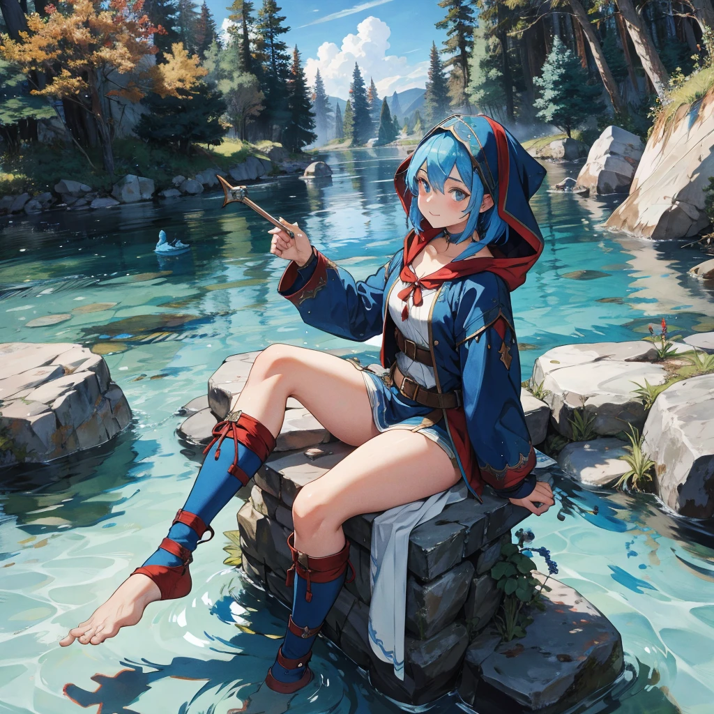 female water dwarf in the side river with medieval adventurer outfit hood