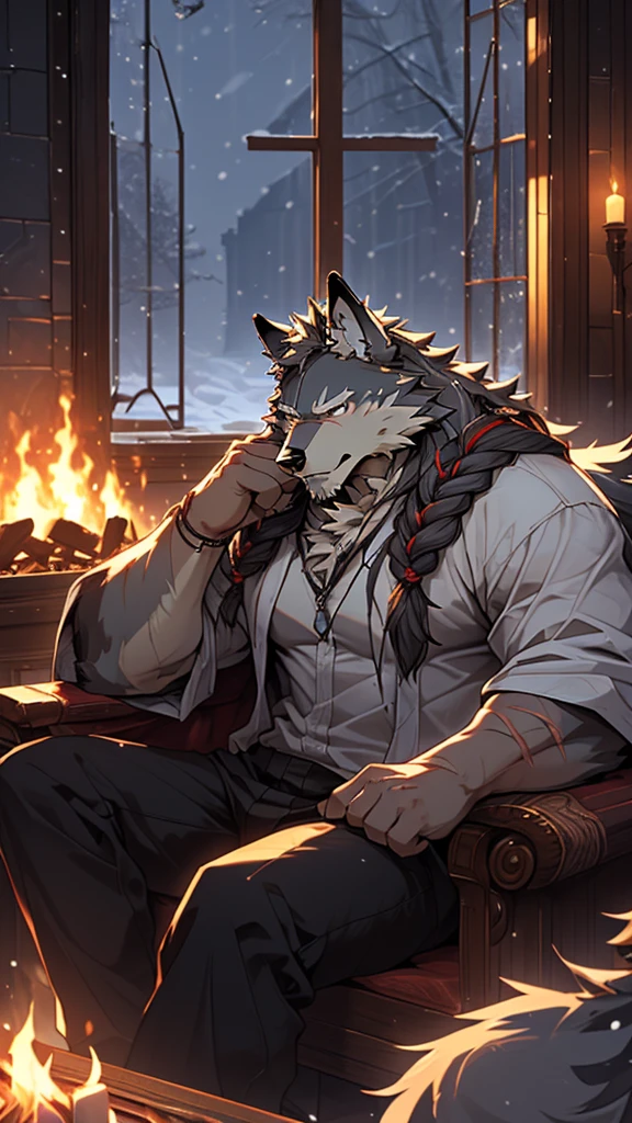 (masterpiece), (photorealistic:1.4), (1boy), (detailed face:1.2), (wolf male:1.5), (old:1.9), (aged), (retired general),(muscular build), (gray fur:1.3), (long white beard), (long white braided hair), (loose shirt), (sitting), (resting), (calm expression), (peaceful eyes), (many scars), (scar on face), (scar on body), (indoors), (cold northern region), (room), (fireplace), (fire), (window), (snow outside), (winter), (night), (dim lighting), (cinematic lighting)